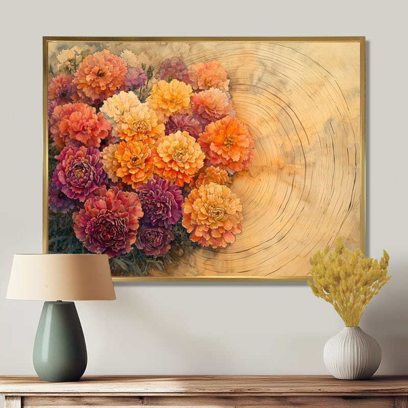 Fleurs d'automne de chrysanthèmes sur un plateau en bois I - art mural de chrysanthèmes pour le salon, H 34 po x l 44 po