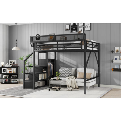 Full Size Loft Bed with Stairs, Metal Full Loft Bed with Storage Shelves, High Loft Bed with Wardrobe for Kids Teens, Black(Old skuW2580S00037)