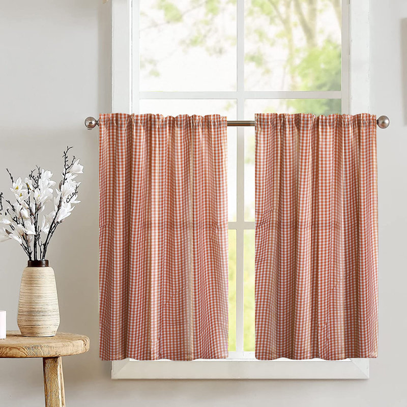 Orange Cotton Gingham Checkered Kitchen Tier Curtains, 36"