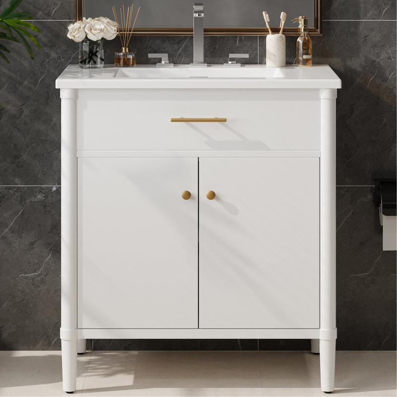 Meuble-lavabo de 31 po de couleur blanche avec lavabo, charnières à fermeture en douceur, profil incurvé, structure en bois d'hévéa, quincaillerie or mat, convient à toutes les tablettes intérieures réglables, forme, support, poignées,