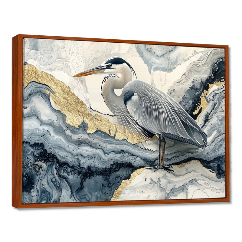 Harbert en marbre héron dans l'encre de Chine dorée paysage II - héron, art mural, H 16 po x l 32 po, Cadre flottant, Brun