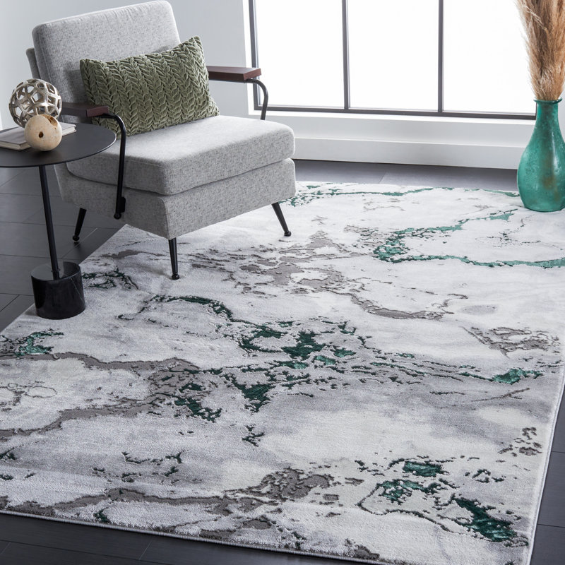 Pressley Abstract Ivory/Gray/Green Area Rug, Rectangle 10'6" x 14'