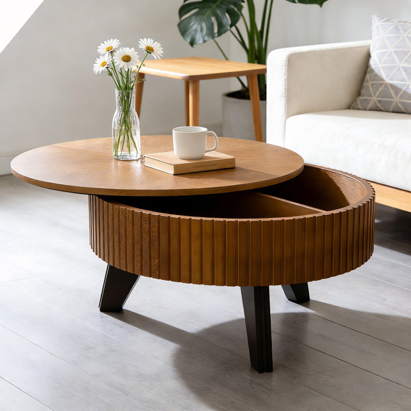 Round Coffee Table With Storage Space, Natural/Brown, 15.7" H x 31.5" L x 31.5" L