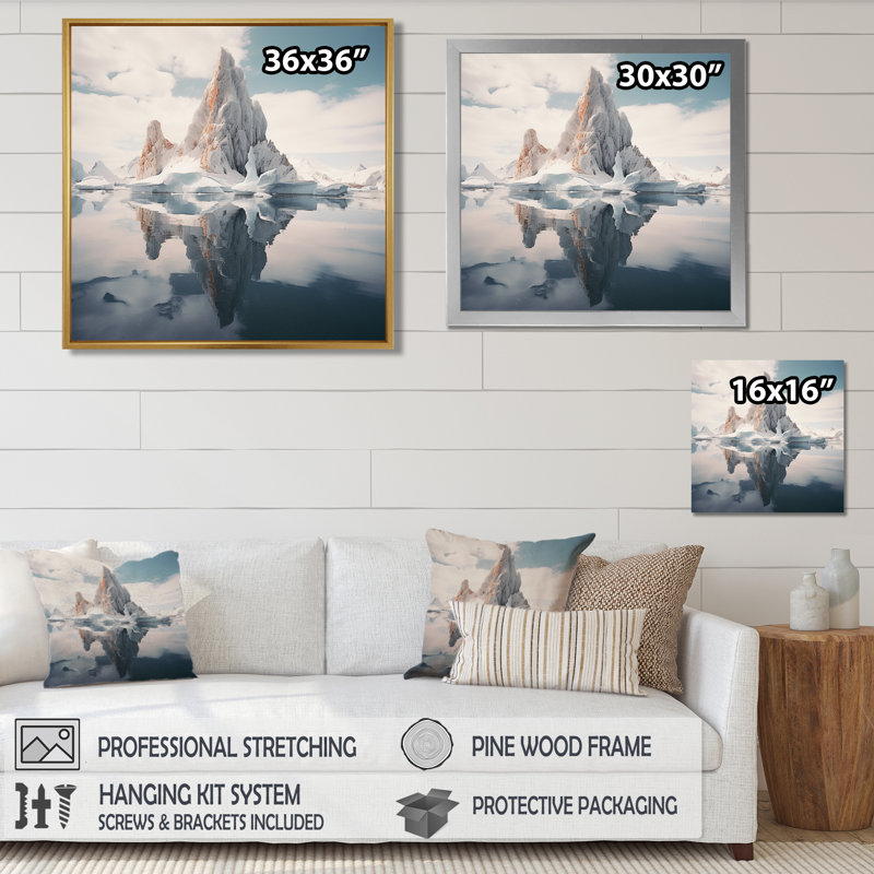 «Majestic Iceberg Silver Blue Landscape - Lake House», reproduction d'art murale, Toile avec cadre flottant brun