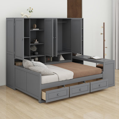 Wooden Daybed With Three Drawers, And All-In-One Cabinet, Desk And Shelves