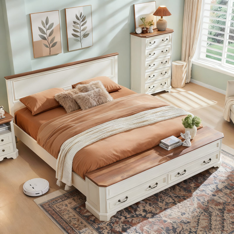Farmhouse King Bed With 80" Tall Storage Headboard With 4 Drawers And Storage Bench，Rustic Wood Platform Bed Frame, King