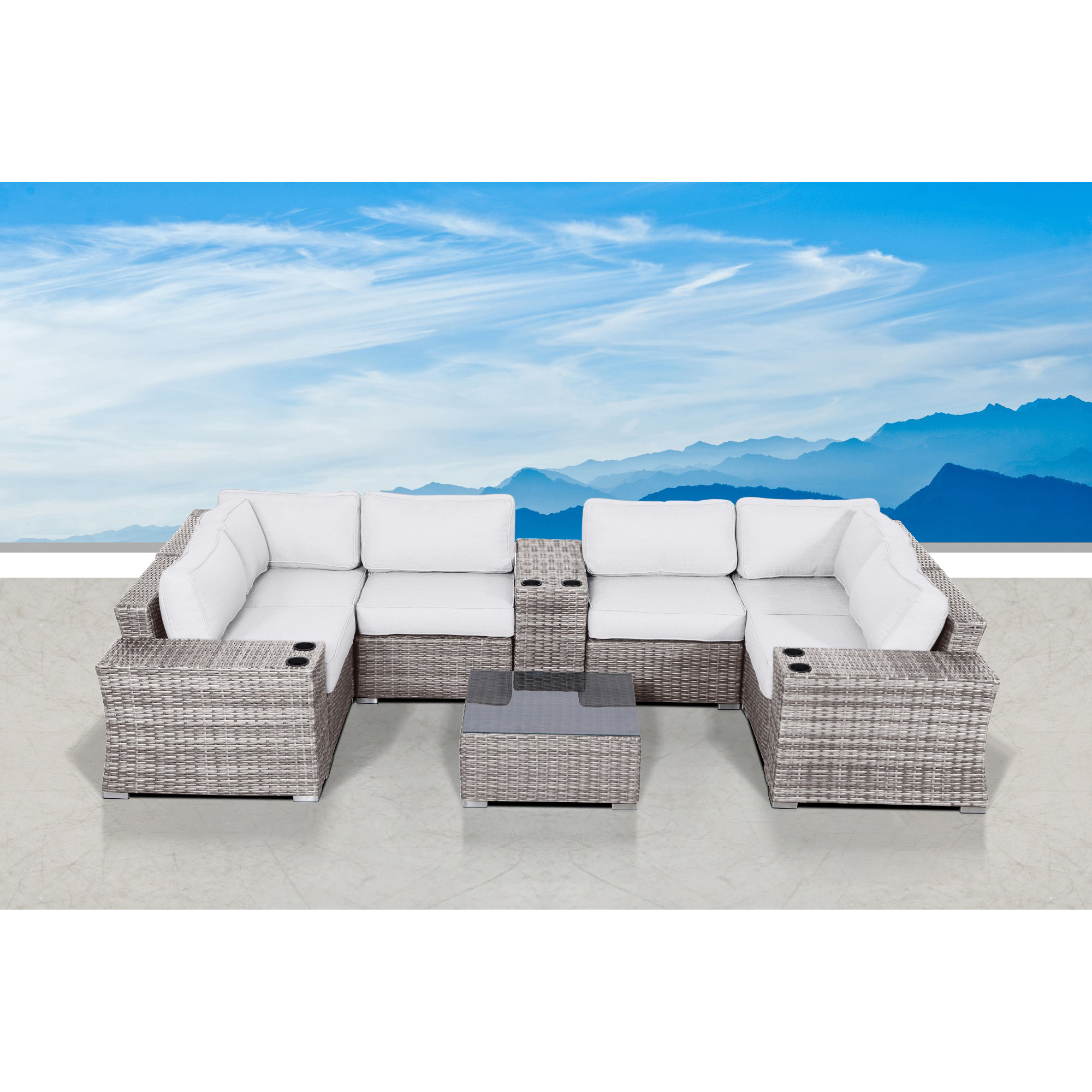 Saffi Fully Assembled 10 Piece Sectional Seating Group with Cushions, Mixed Gray, Sunbrella Canvas