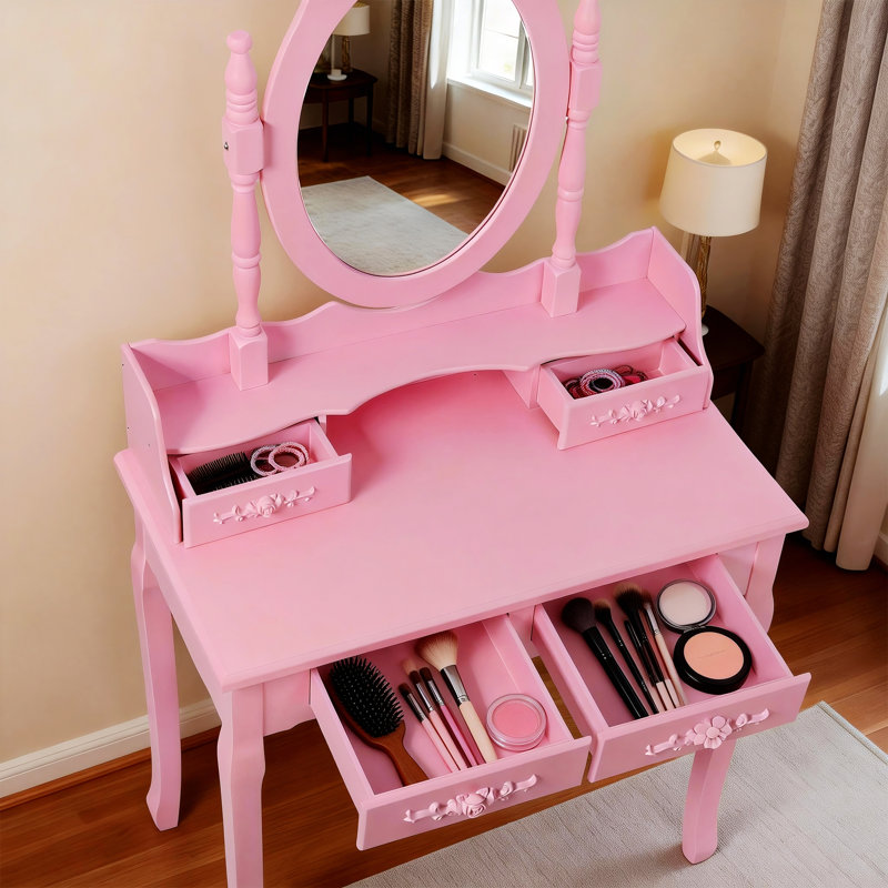 Vanity Desk Set With Mirror And Cushioned Stool, 4-Drawer Wooden Makeup Vanity Table For Bedroom, Pink