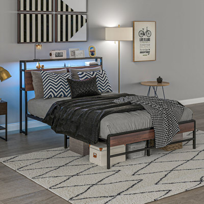 Bed Frame with Storage Headboard, Platform Bed Frame with LED Lights
