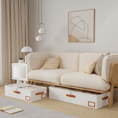 Rangement sous le lit, lot de 2 organisateurs de placard, sacs de rangement pliables, avec fente pour cartes de tri et 4 poignées en cuir, beige