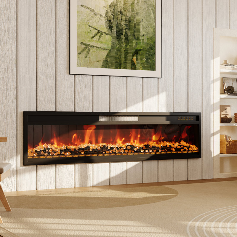 Modern Electric Fireplace - 1500W Heater, 12 Color LED, Remote Control, With Crystal & Log Set, Adjustable Temperature & Brightness
