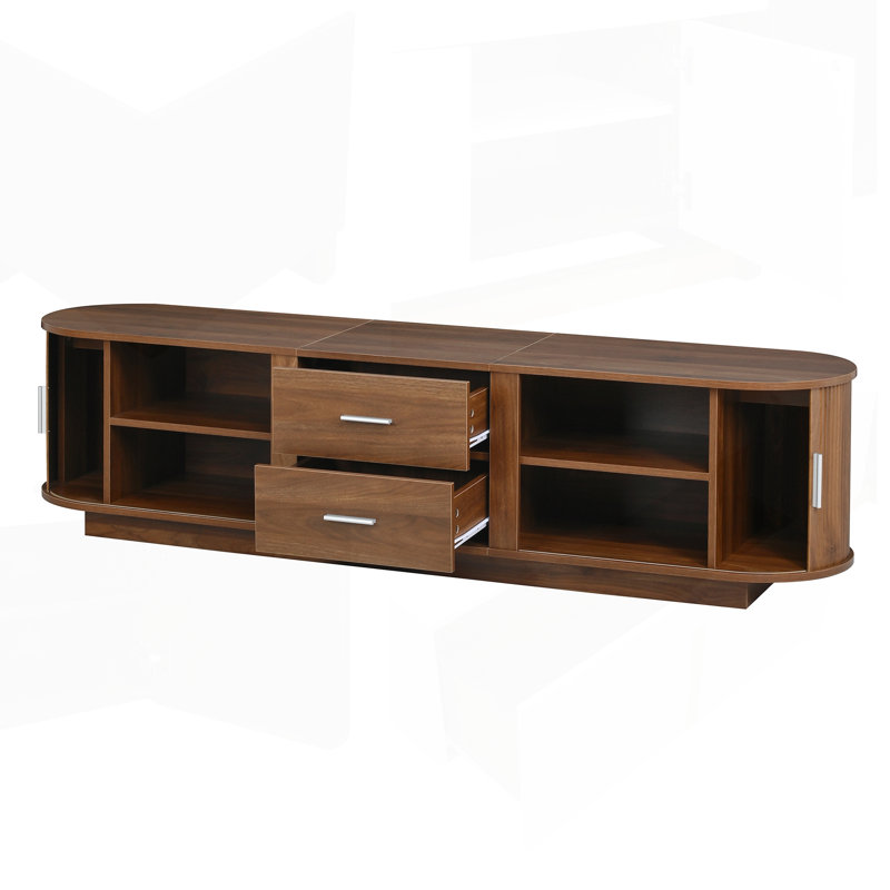 Meuble télé moderne avec tiroirs, rangement coulissant caché, coins arrondis et surface imperméable, pour 65 pouces