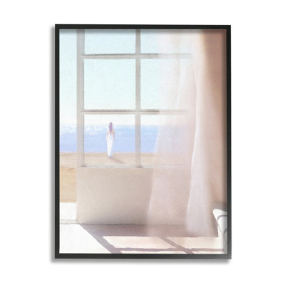 Femme apaisante au soleil sur la plage, en attente sur la plage, estampe numérique sur bois, art texturé par Noah Bay