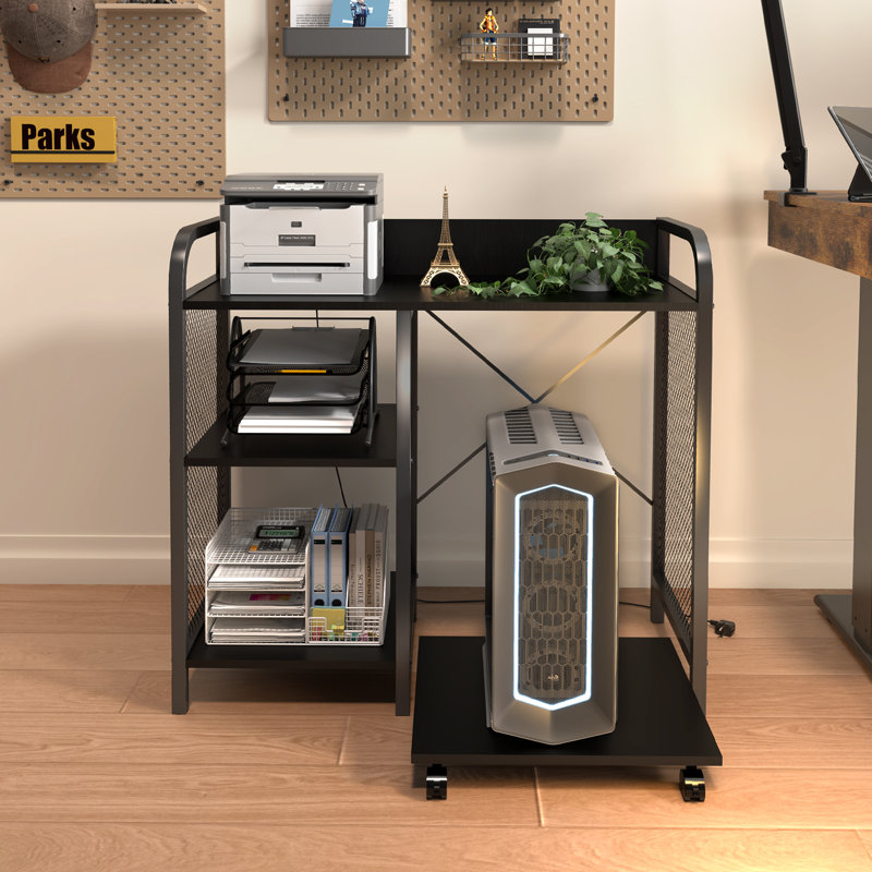 Black Metal and Wood Printer Stand with Storage and Power Outlet