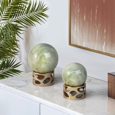 Set Of 2 7/8" Anoka Green Marble Sphere Statuary