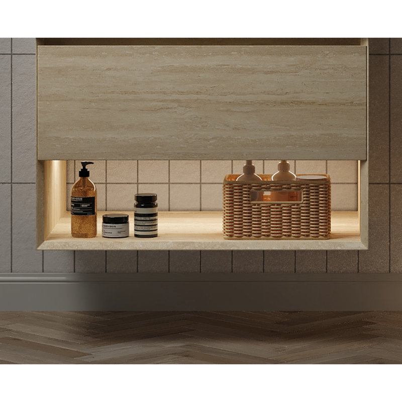 Armoire murale 30 po avec un tiroir et une tablette ouverte, conception texturée, contreplaqué, propriété de l'eau, traitement des bords à 45 degrés, mouvement silencieux, style de finition de rangement des lumières à DEL, contreplaqué multicouche