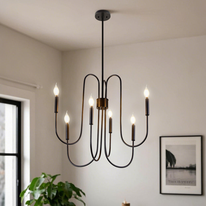 6-Light Farmhouse Candle Chandelier for Dining Room, Black Rustic Iron Pendant Light with Adjustable Chain, Classic Ceiling Light Fixture for Kitchen Island Entryway Living Room