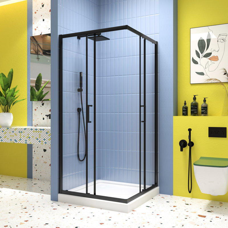Sliding Shower Door In Matte Black, 1/4" Tempered Clear Glass, 34.625 In. X 72 -angle Pivot Enclosure With Delightful Stainless Steel Handle Bathroom
