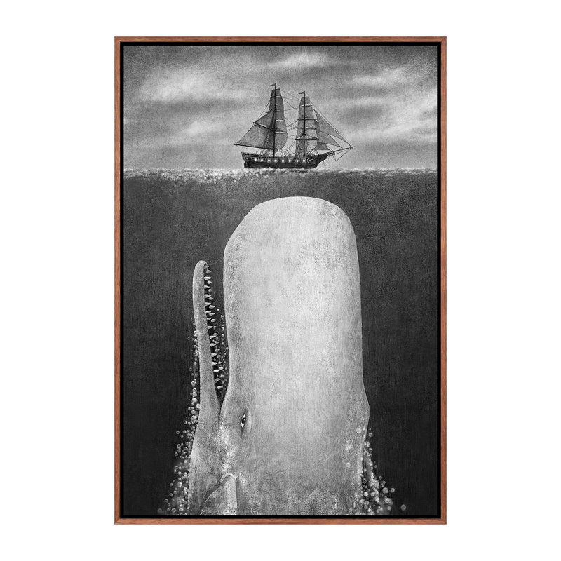 La baleine en niveaux de gris par Terry Fan - impression, H 26 po x l 18 po x 1,5 po, Toile avec cadre brun, Pas de tapis
