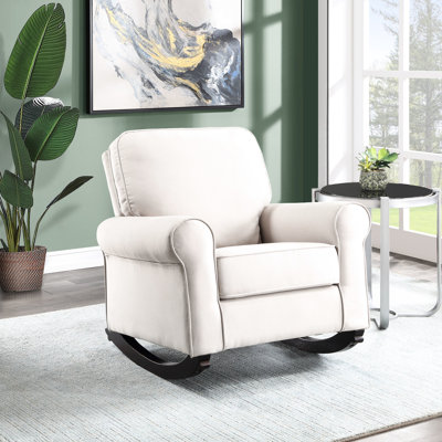 Chaise berçante en tissu beige - conception, siège à ressorts ensachés, structure intérieure en bois, coussin amovible, profondeur de 21 po, largeur de 20 po, hauteur de 23 po, plancher de 8 po avec accoudoirs de 28 po, capacité de poids de 220 lb, tapis de couloir de 33 po
