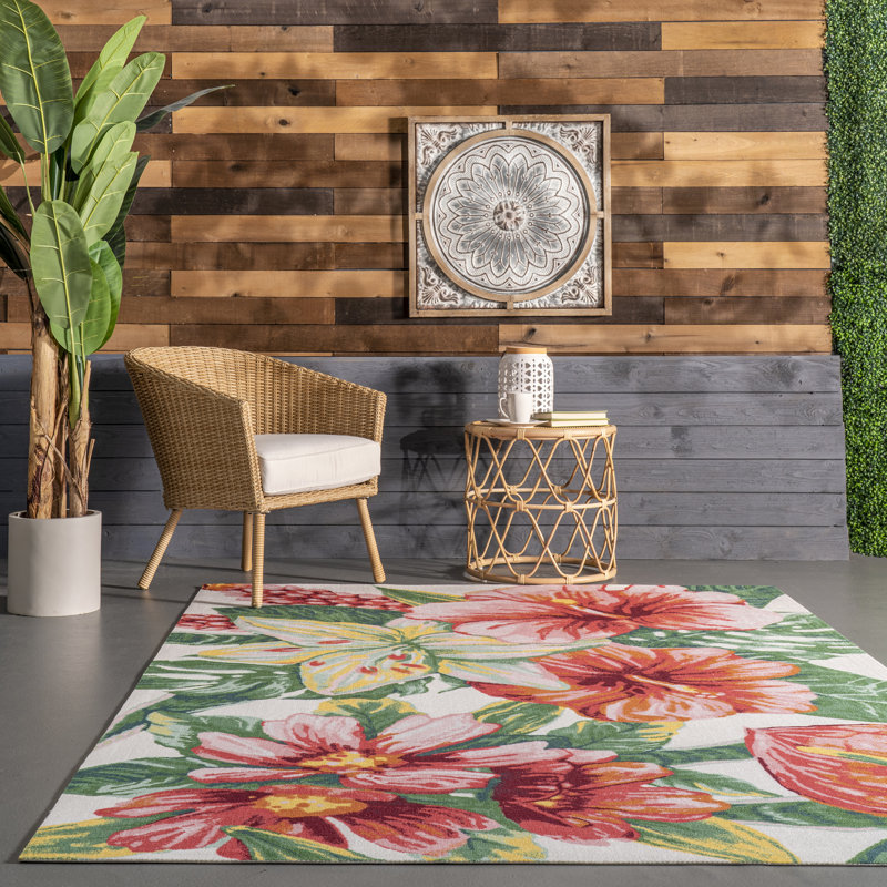 Tapis intérieur / extérieur à motif floral vert / rose Perao, Rectangle 4 pi x 6 pi