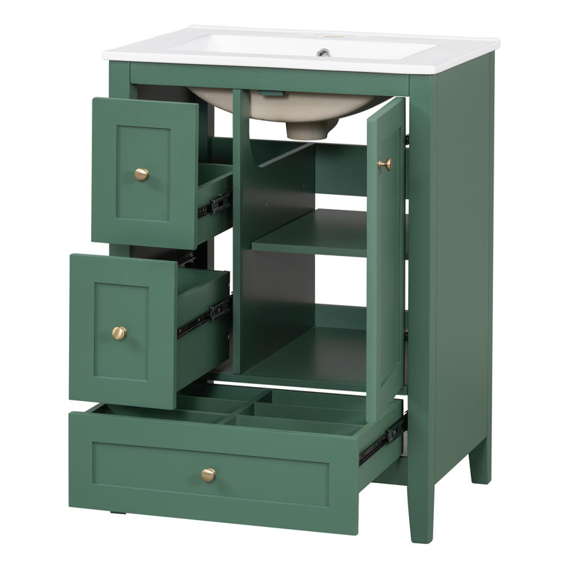 Meuble-lavabo 24 po avec lavabo en céramique, Vert foncé / or