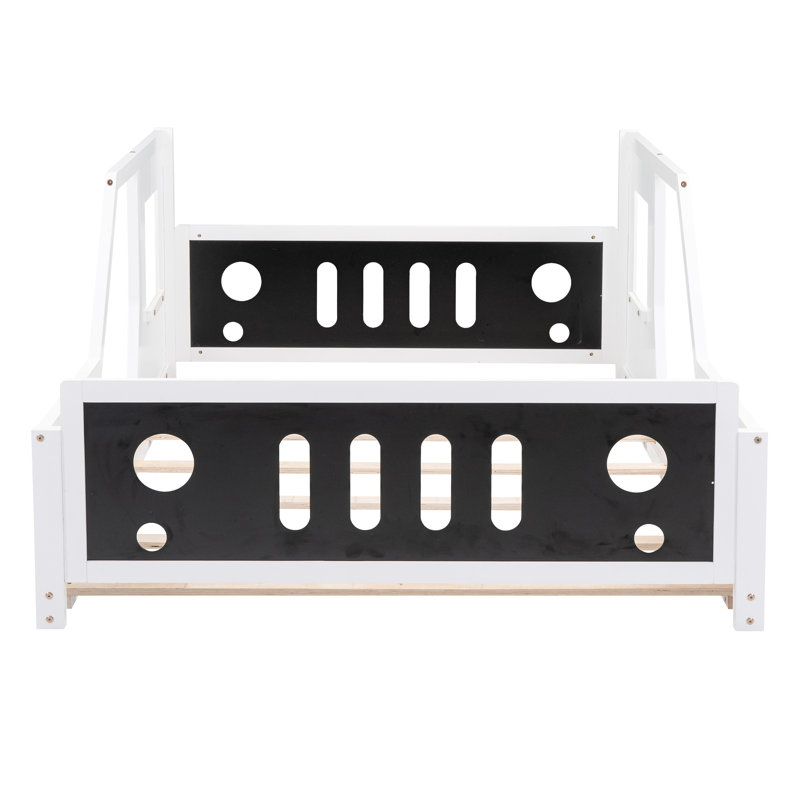  Lit plateforme double classique en forme de voiture avec roulettes et cadre ludique, blanc, Blanc