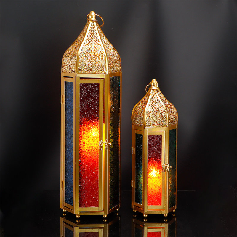 2 Piece Metal Glass Tabletop Lantern Set