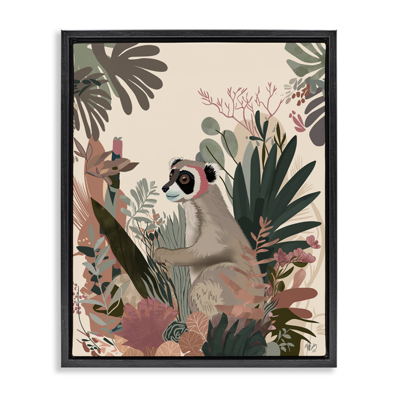 «Happy Lemur & Plants» par Fab Funky, Cadre flottant gris lustré, H 31 po x l 25 po