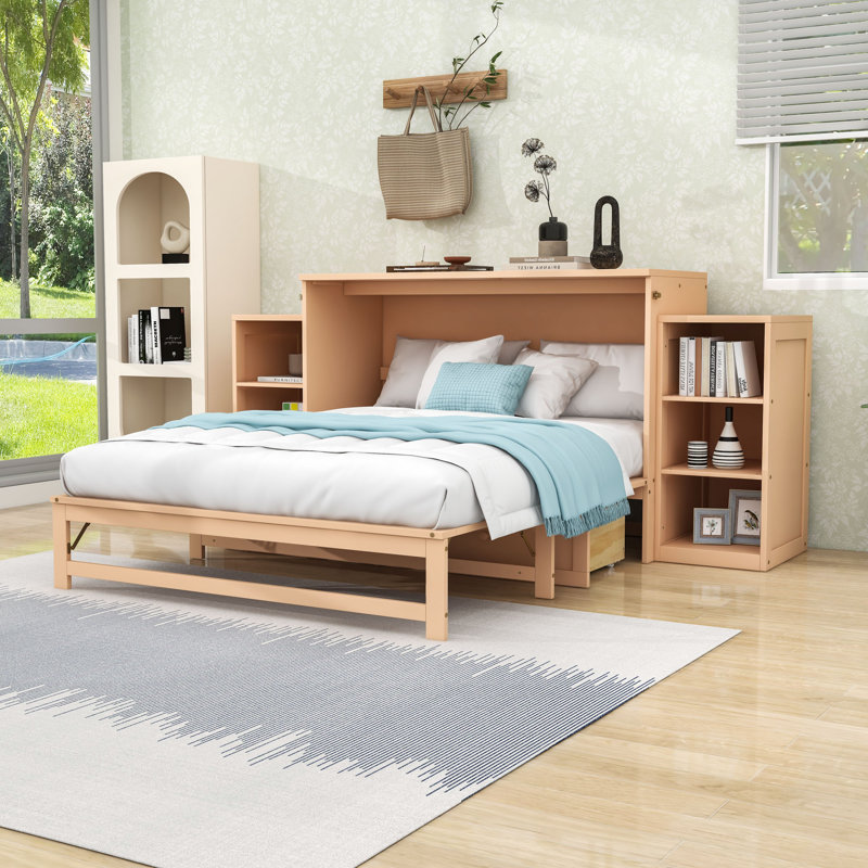 Lit escamotable en bois avec tiroir de rangement et tablettes, Golden, Grand