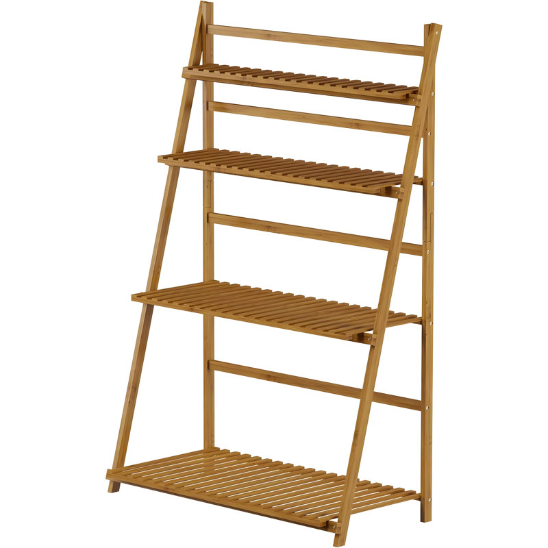 Échelle à 4 niveaux, support de rangement pliable en bambou pour l'intérieur et l'extérieur, organisateur de présentation autoportant pour plantes, chaussures et décoration