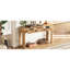 Console design aux coins arrondis, 3 tiroirs, pieds épais, aspect bois naturel, idéale pour l'entrée, le salon et le corridor, offrant un espace de rangement.