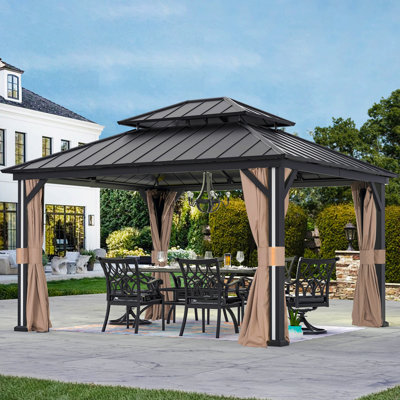 Stratford 12' X 14' Aluminum Galvanized Hard Top Gazebo,Vertical 2 Tier Roof,Curtains, Mosquito Netting, LED Lighting And USB Charging Socket