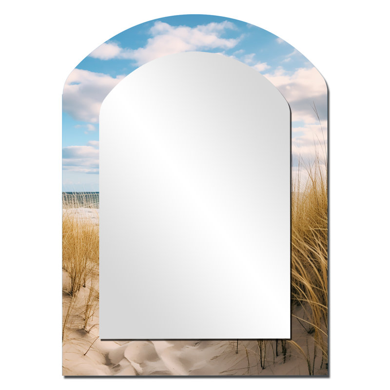 Path To The Beach V - Beach Sand Arch Decorative Mirror, Beige Asymmetrical Wall Mirror, Printed Metal Art, 34" x 25"
