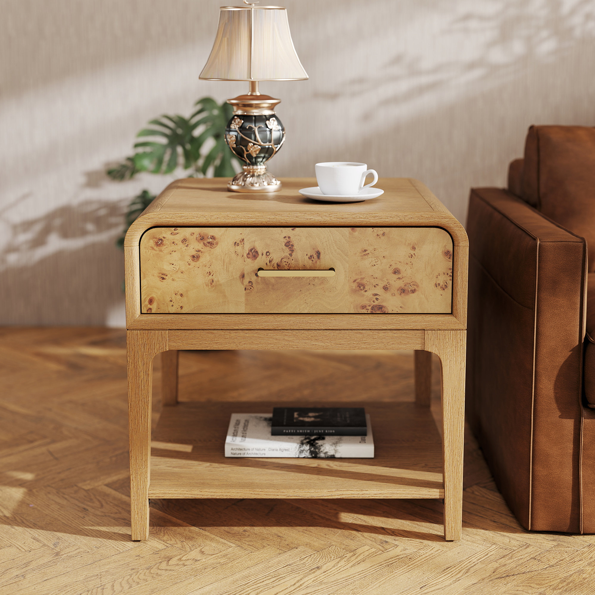Adden Burl Wood Storage End Table, Brown