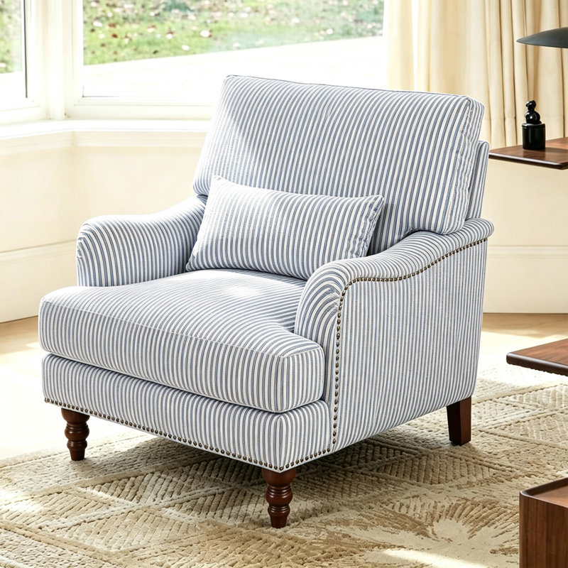 Fauteuil rembourré, Lin bleu à fines rayures