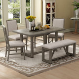 6-Piece Retro Dining Set, 1 Rectangular Table with 4 Upholstered Chairs and 1 Bench