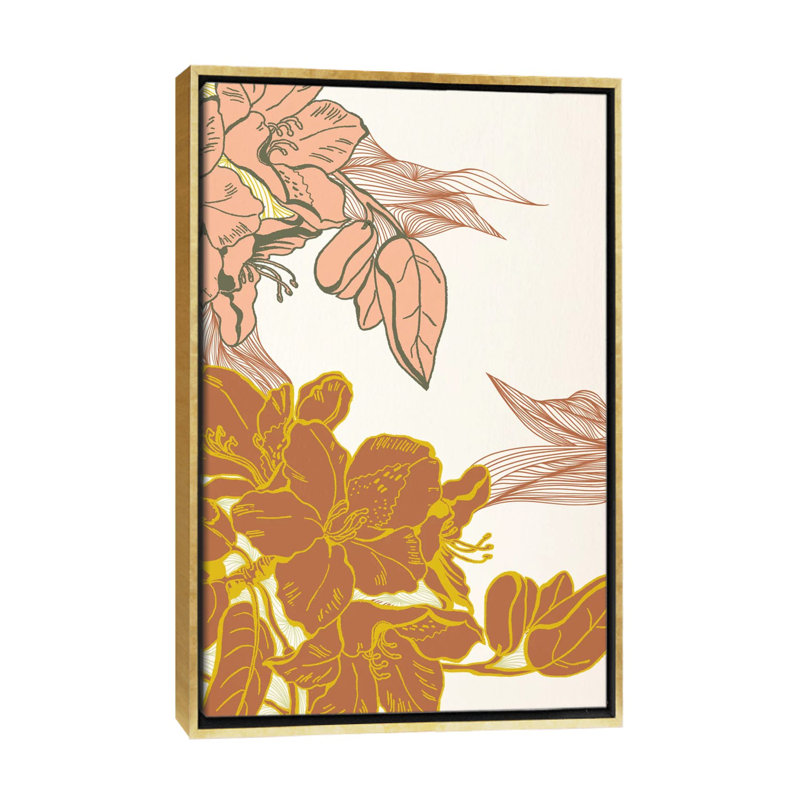 Fleurs et feuilles (orange) - impression d'art graphique, Toile encadrée dorée, Non mat, H 48 po x l 32 po x P 1,5 po