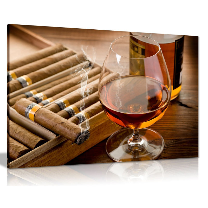 Man Cave Liquor In Cup With Cigar - Wrapped Canvas Print, 61cm H x 91cm W