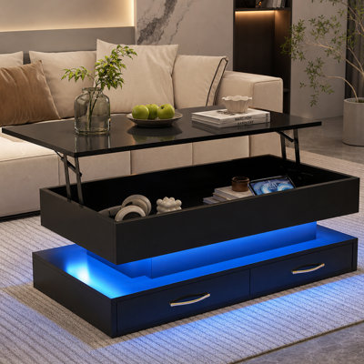 Table basse relevable moderne avec éclairage DEL, table de salon laquée brillante avec 2 tiroirs et un compartiment caché, noire