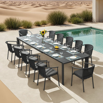 LUMEN 13 - Piece Extendable Outdoor Dining Set Aluminum Tabletop, 3-Version Extending Mode For 8/10/12 Seating