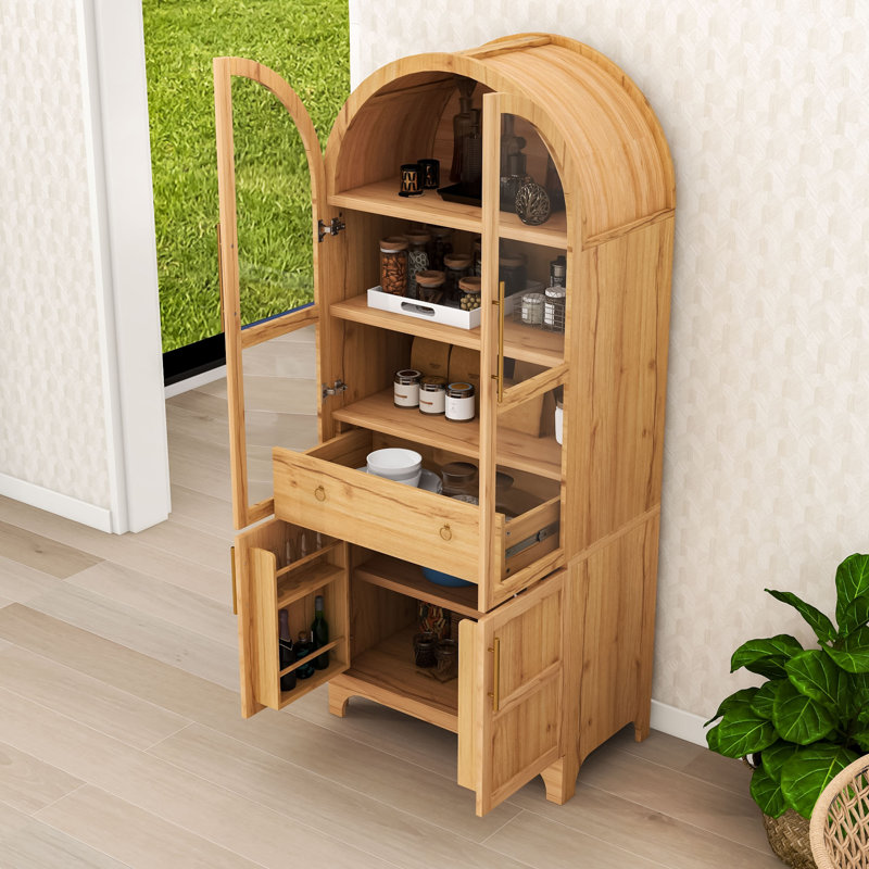 Grand garde-manger arqué avec tablettes réglables, tiroir caché et portes en verre, Naturel