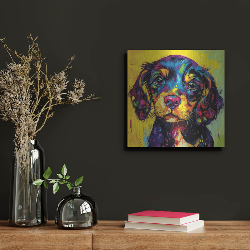  «Woof Spaniel» par Rich Monet, art mural en métal, 12 po x 12 po, H 12 po x l 12 po