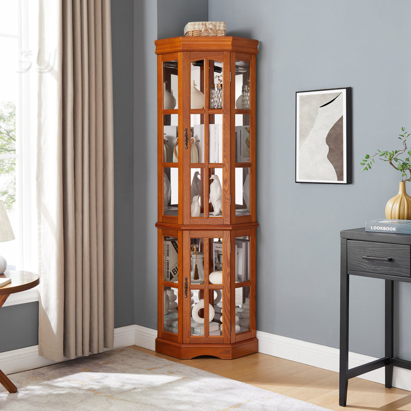 Corner Curio Cabinet with 5 Shelves and Lighting System Solid base frame, comfortable, durable, beautiful, Oak