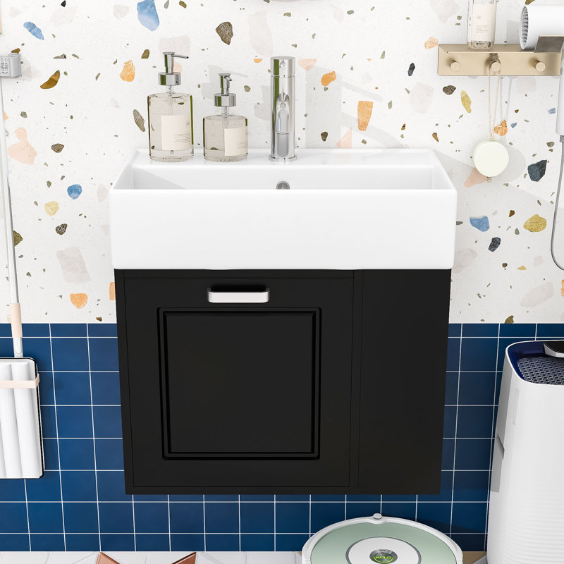 Meuble-lavabo mural flottant avec lavabo, tablettes réglables, Noir