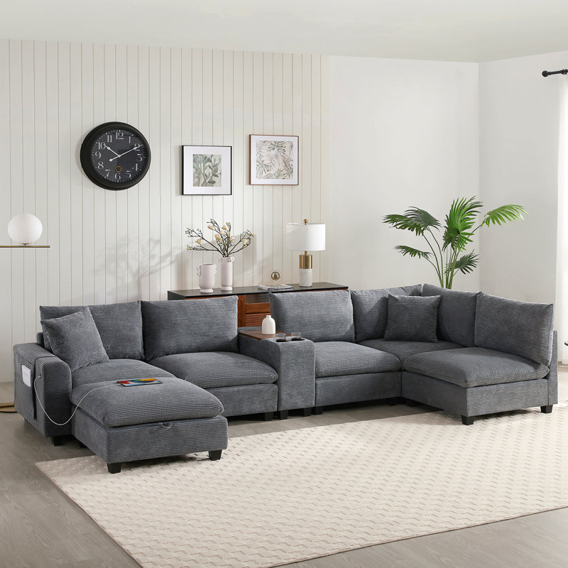Canapé modulaire en forme de U de 139 po avec console, canapé en velours côtelé en L surdimensionné avec siège large, chargeur USB, porte-gobelets, repose-pieds mobile, poches de rangement, 6 sièges pour le salon