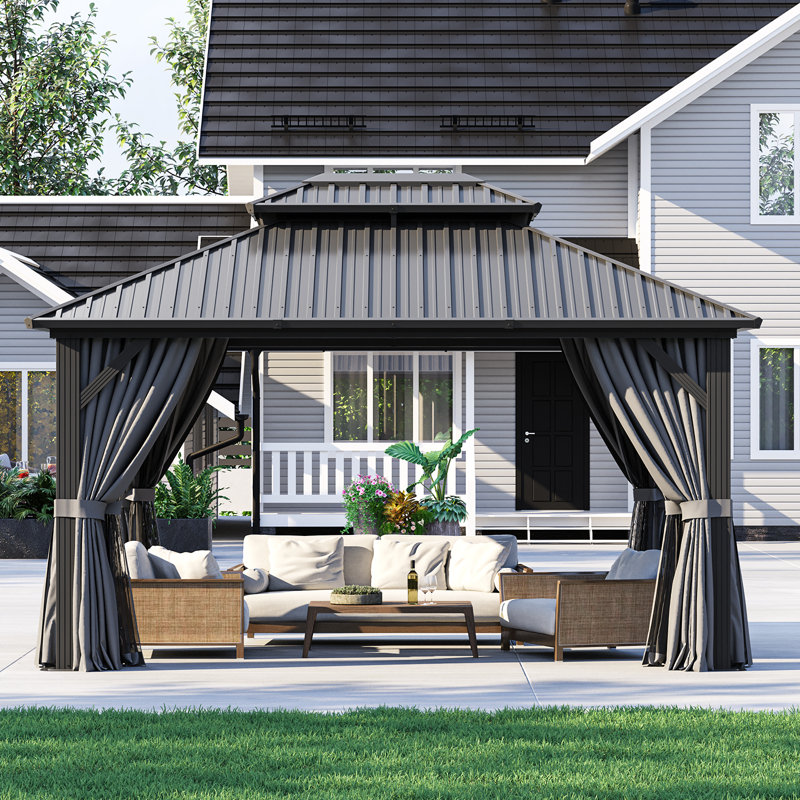 Aluminum Permanent Patio Gazebo with Double Roof, 14 Ft. W x 12 Ft. D
