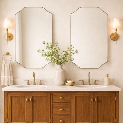 Scalloped Gold Bathroom Mirror Decorative Brass Metal Framed Irregular Bathroom Vanity Mirror Wall Mounted 40 x 24''