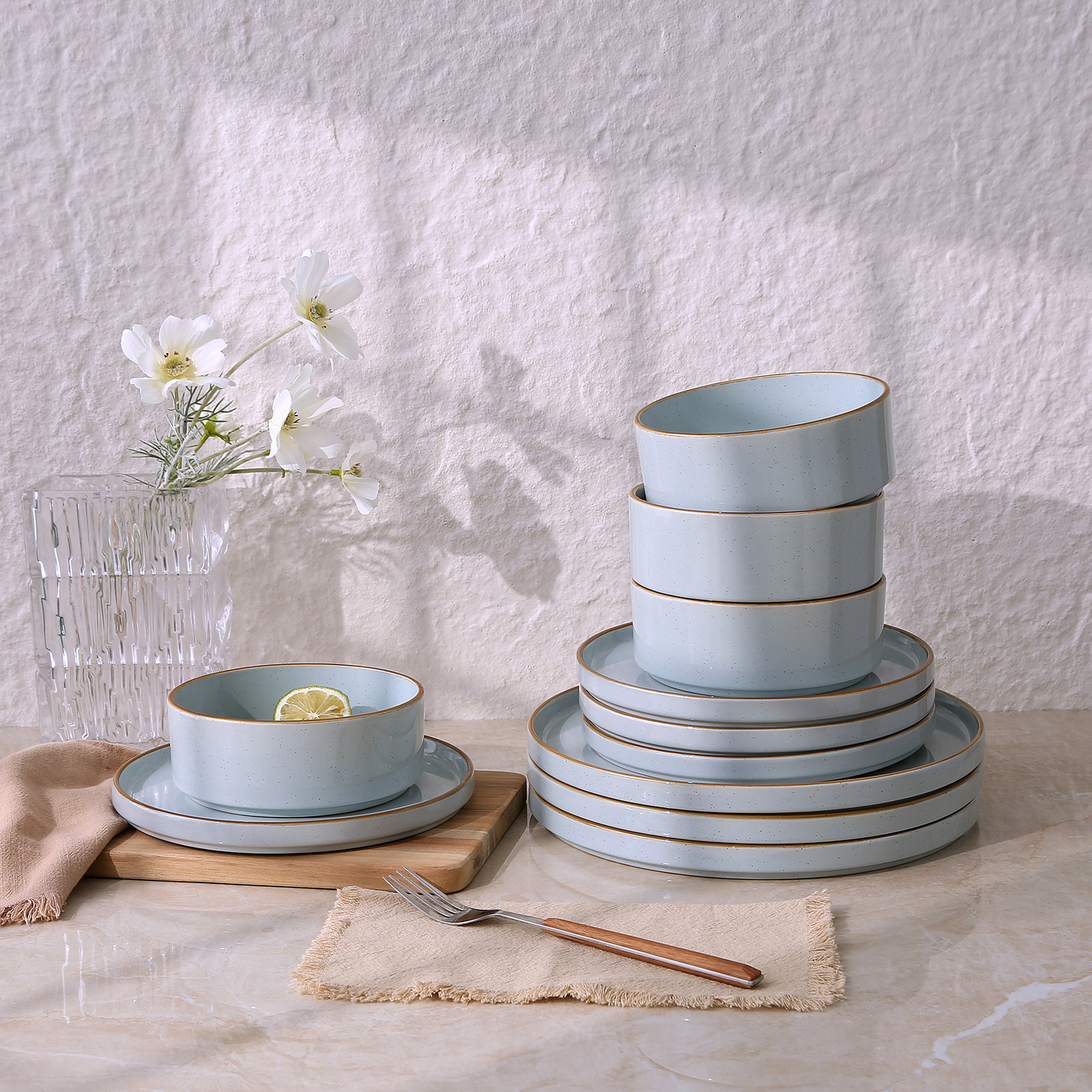 Stoneware Dinnerware Set, Light Blue with Brown Rim