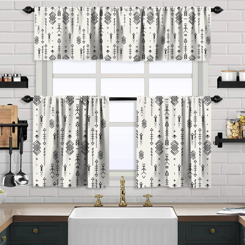 Aztec Pattern 1 Piece Kitchen Valance And 2 Piece Panel Curtain Set, White, 24" W x 24" L